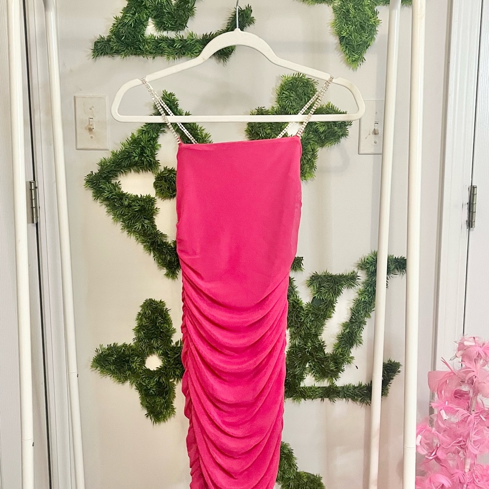 hot pink dress with diamond spaghetti straps!